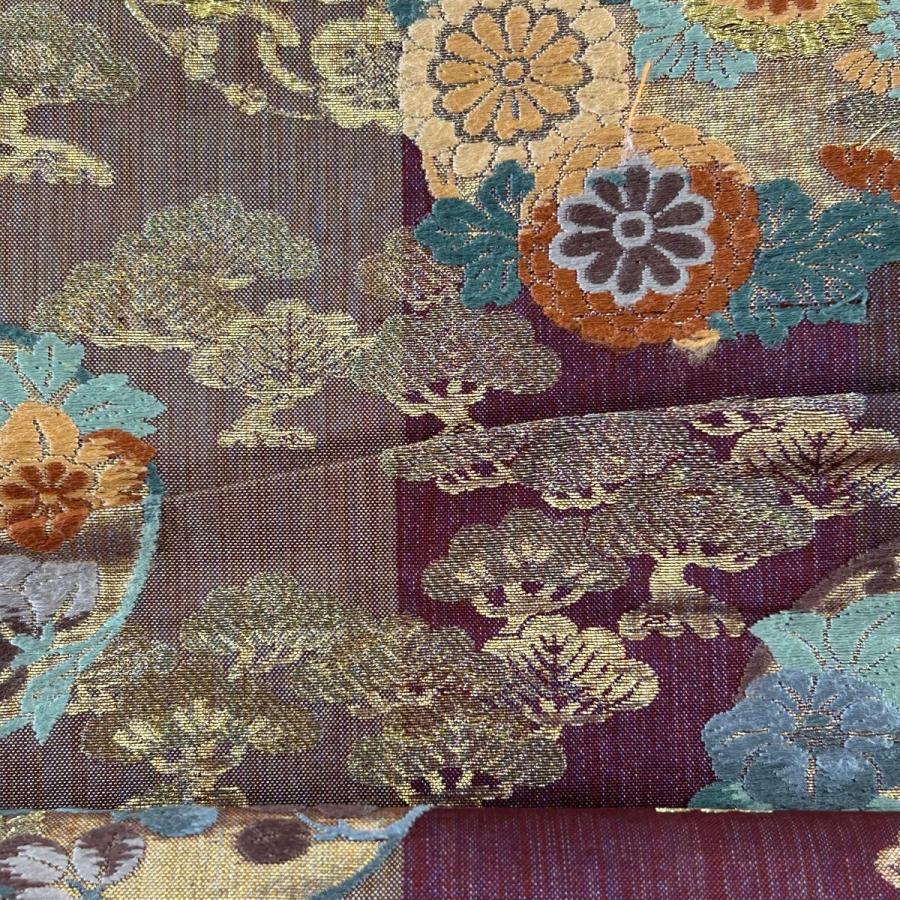 袋帯 秀品 花丸文 松 金糸 刺繍 赤紫 六通 正絹 中古 在庫一掃