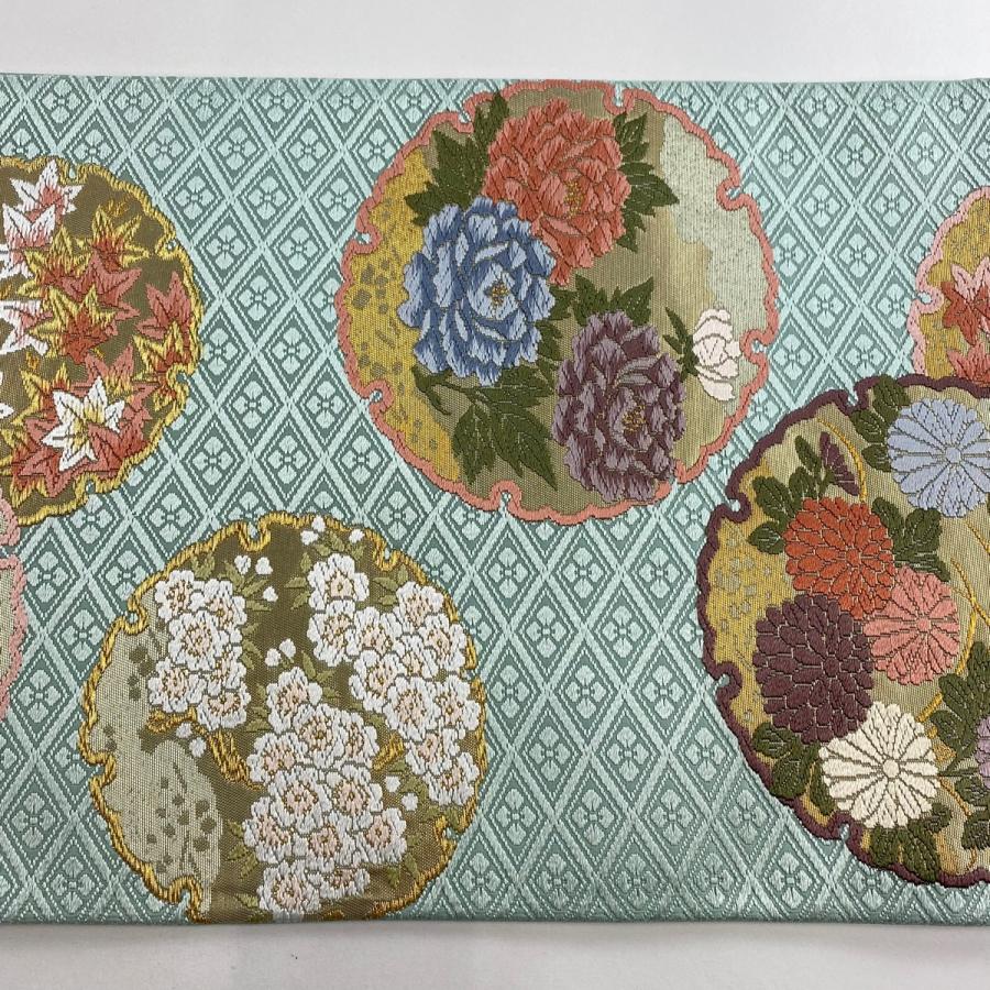 袋帯 美品 名品 草花 雪輪 刺繍 箔 水色 六通 正絹 中古