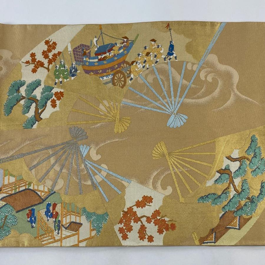 袋帯 名品 川島織物 落款あり 関西仕立て 扇 人物 箔 ベージュ