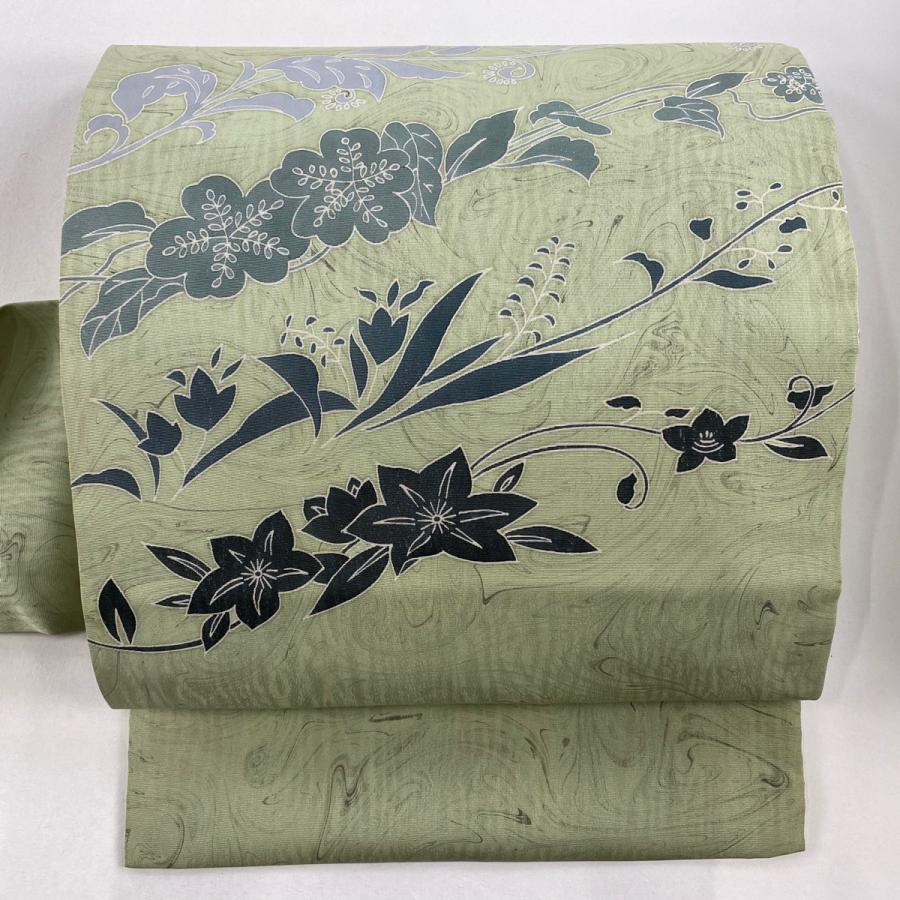 名古屋帯 美品 名品 落款あり 草花 墨流し 灰緑 正絹 中古 : リユース