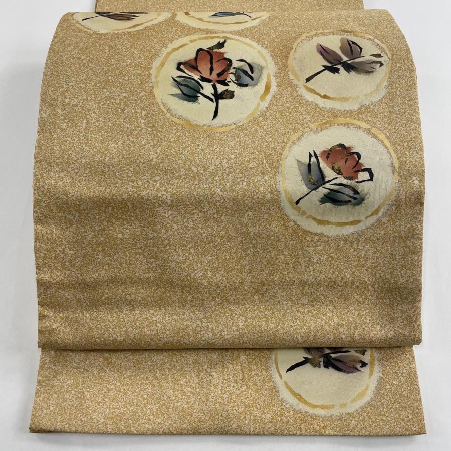 袋帯 美品 名品 丸紋 草花 金彩 薄茶色 お太鼓柄 正絹 中古 在庫一掃
