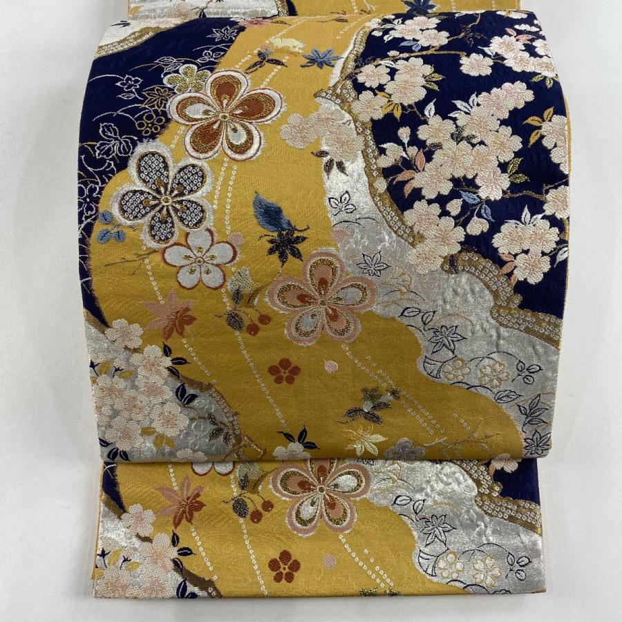 美品] 花柄刺繍 黒と白よろけ模様 六通柄袋帯と帯締めセット