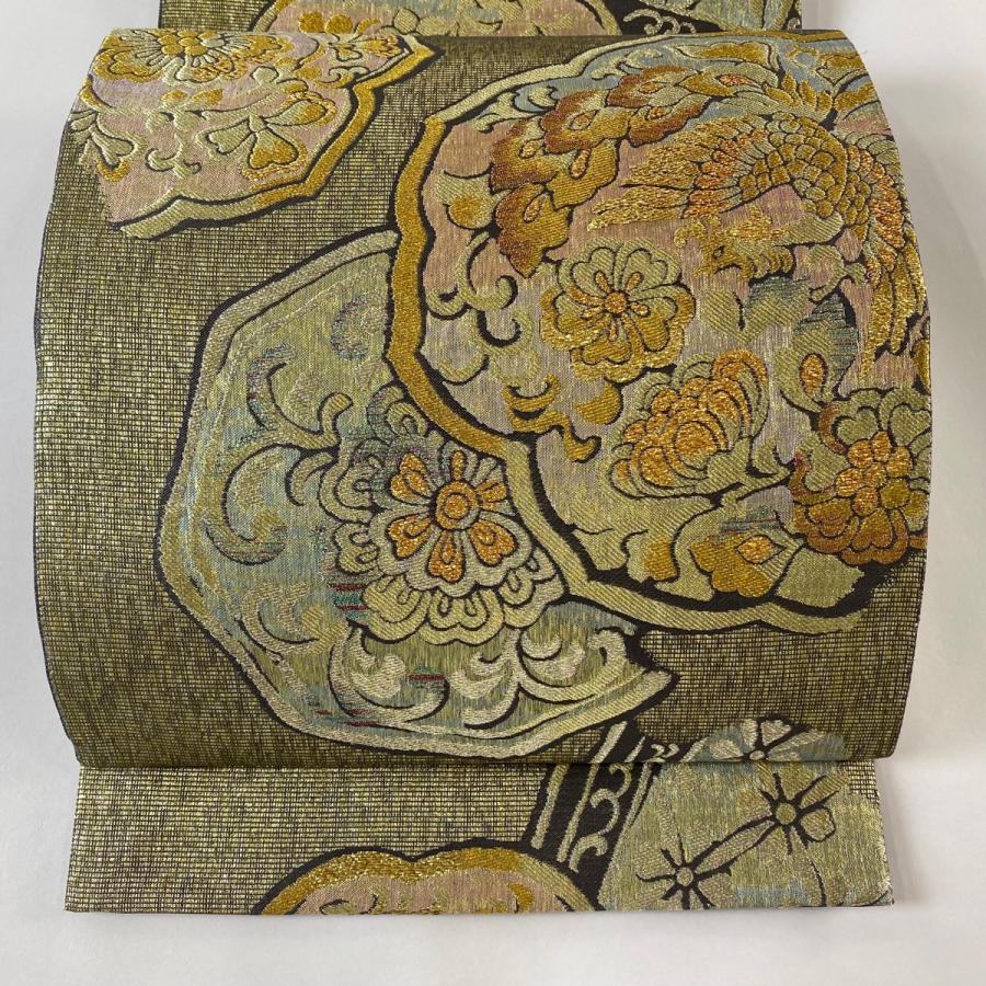 袋帯 美品 秀品 華文 鳥 金糸 箔 金色 六通 正絹 中古 在庫一掃
