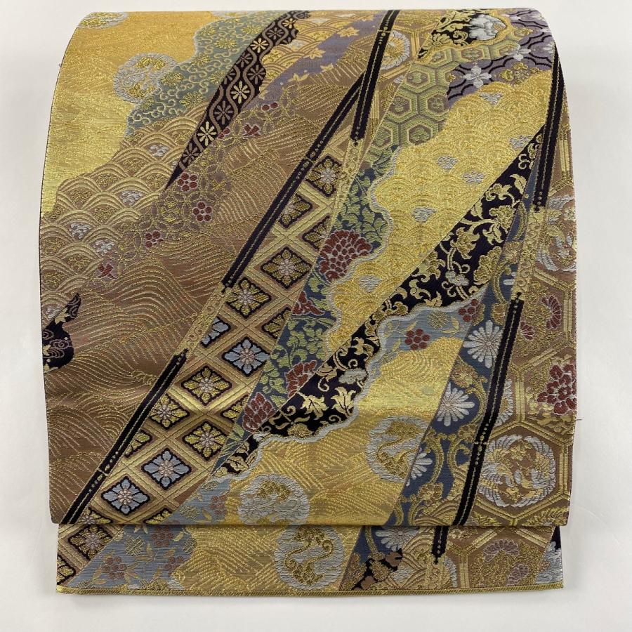 【本金箔 道長慶長文】金色 鶴と花の刺繍 六通柄袋帯1228 袋帯 美品 秀品 道長取り 波 金糸 箔 金色 六通 正絹 中古 : リユース