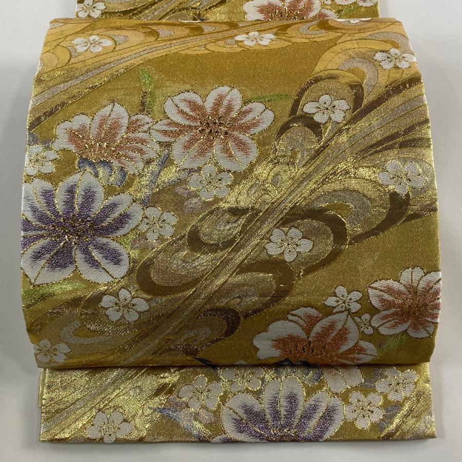 袋帯 秀品 草花 幾何学 箔 ラメ箔 金色 六通 正絹 中古 : リユース