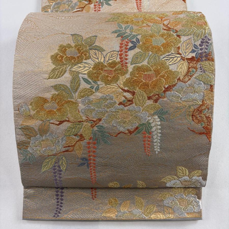 袋帯 美品 秀品 関西仕立て 椿 波頭 金銀糸 唐織 灰色 六通 正絹 中古