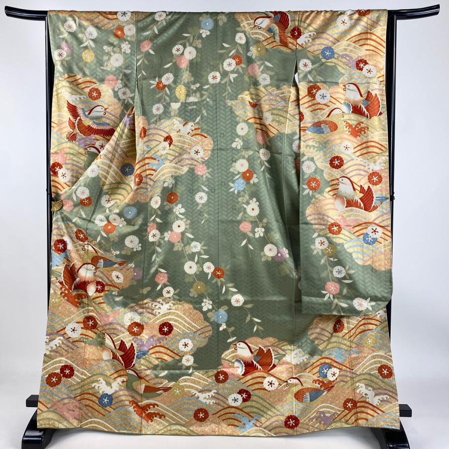 振袖 身丈168.5cm 裄丈64cm M 袷 吾妻徳穂 落款あり 鴛鴦 草花 金糸