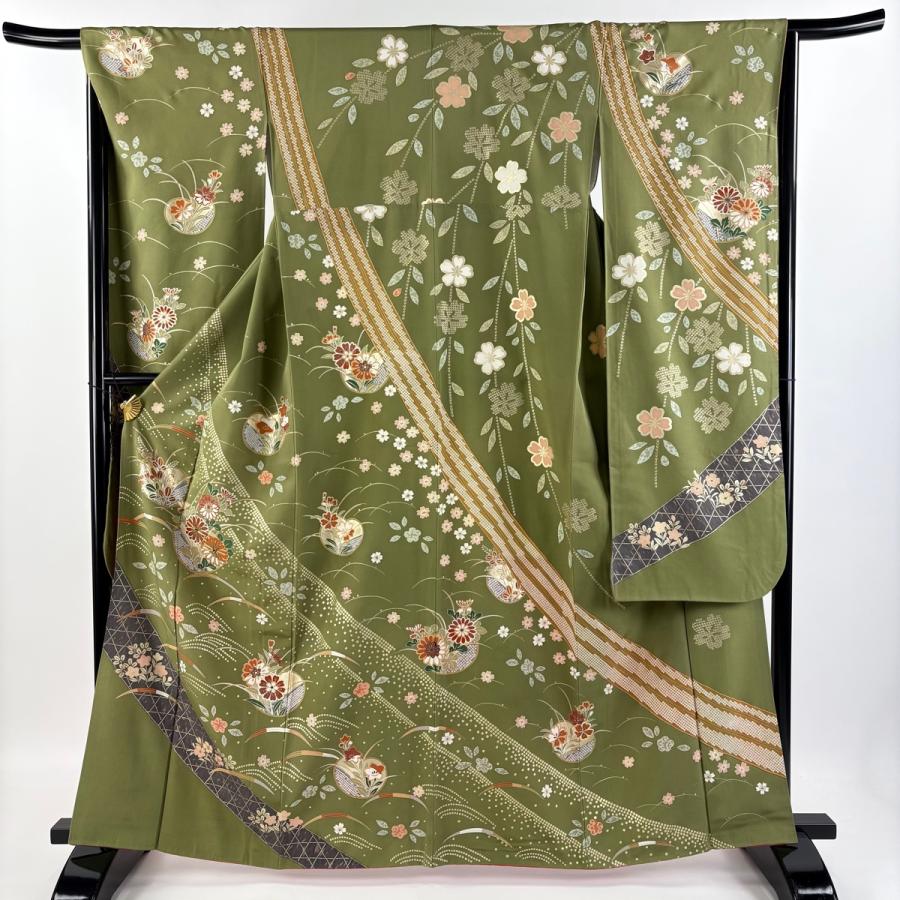 振袖 身丈163.5cm 裄丈66cm M 袷 団扇 草花 金糸 金彩 鶯色 正絹 名品