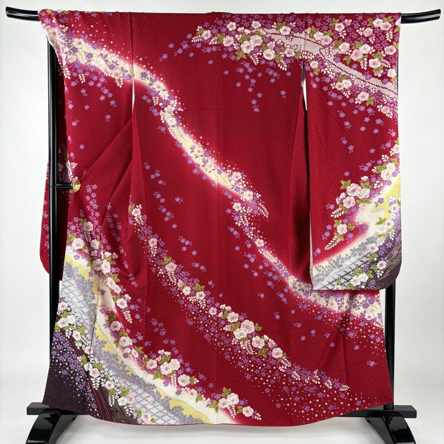 振袖 身丈159.5cm 裄丈69.5cm L 袷 やまと 草花 雪輪 銀通し 金彩 赤