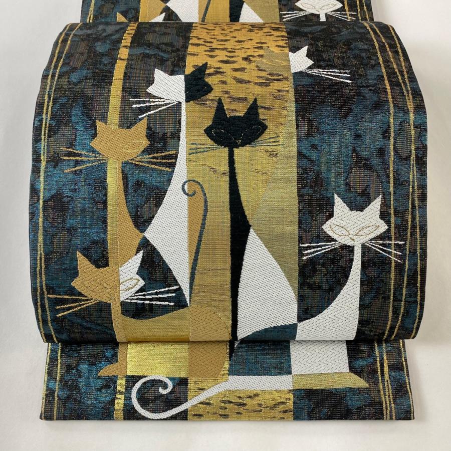 袋帯 美品 逸品 猫 箔 青緑 六通 正絹 中古 : リユースセレクト  