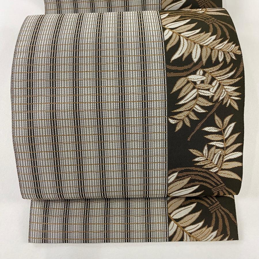 名古屋帯 美品 逸品 証紙あり 八寸名古屋帯 博多織 葉 格子 焦茶色  