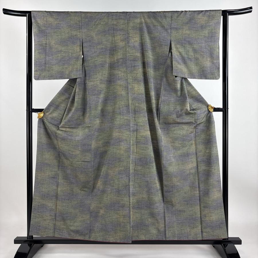 小紋 身丈156.5cm 裄丈63cm S 袷 紬地 縦縞 ぼかし柄 灰緑 正絹 美品