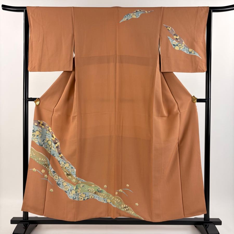 訪問着 身丈154cm 裄丈64.5cm M 袷 草花 芝 オレンジ 正絹 美品 秀品