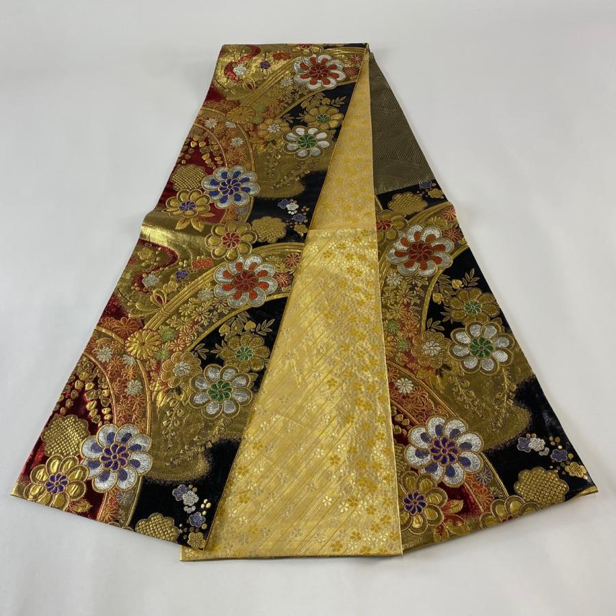 袋帯 秀品 草花 金糸 箔 金色 六通 正絹 中古 : リユースセレクト