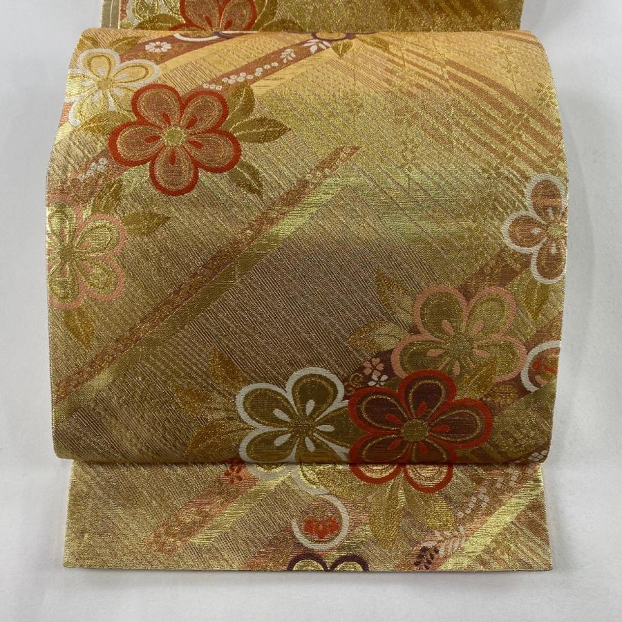 袋帯 美品 秀品 梅 花唐草 金糸 箔 金色 六通 正絹 中古 在庫一掃