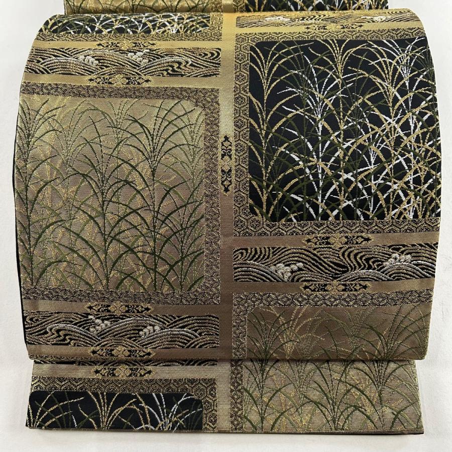 袋帯 美品 秀品 葉柄 波 箔 金色 六通 正絹 中古 : リユースセレクト