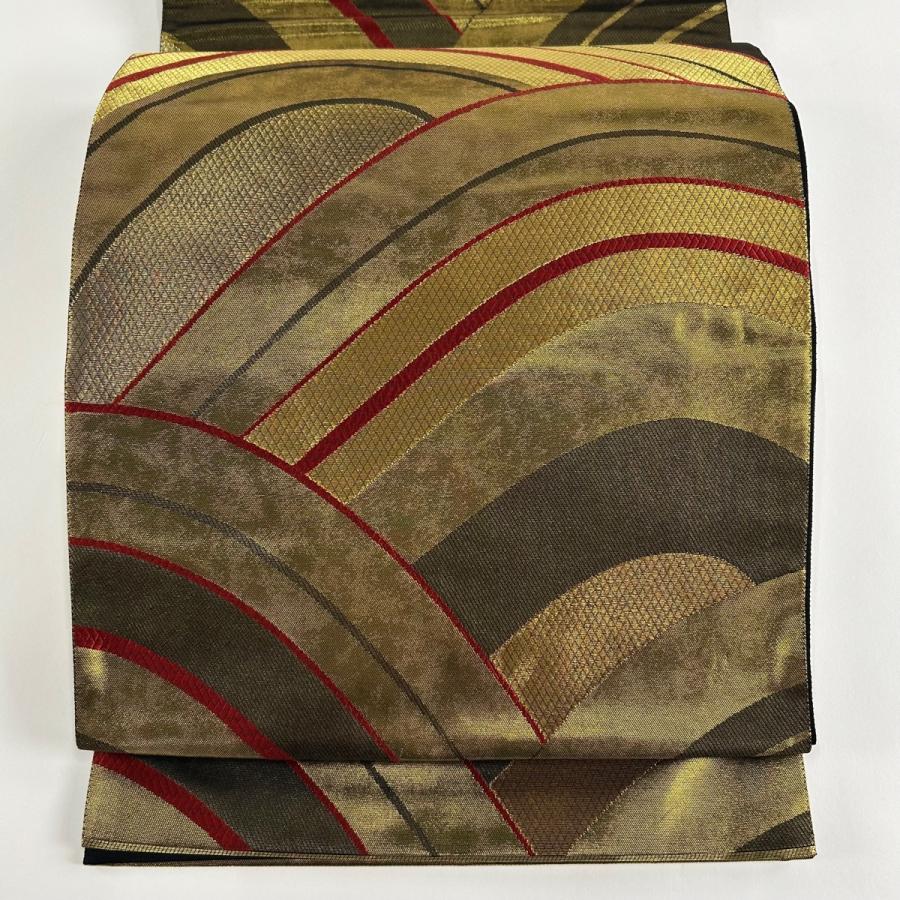 袋帯 美品 秀品 波 幾何学模様 箔 金色 全通 正絹 中古 在庫一掃