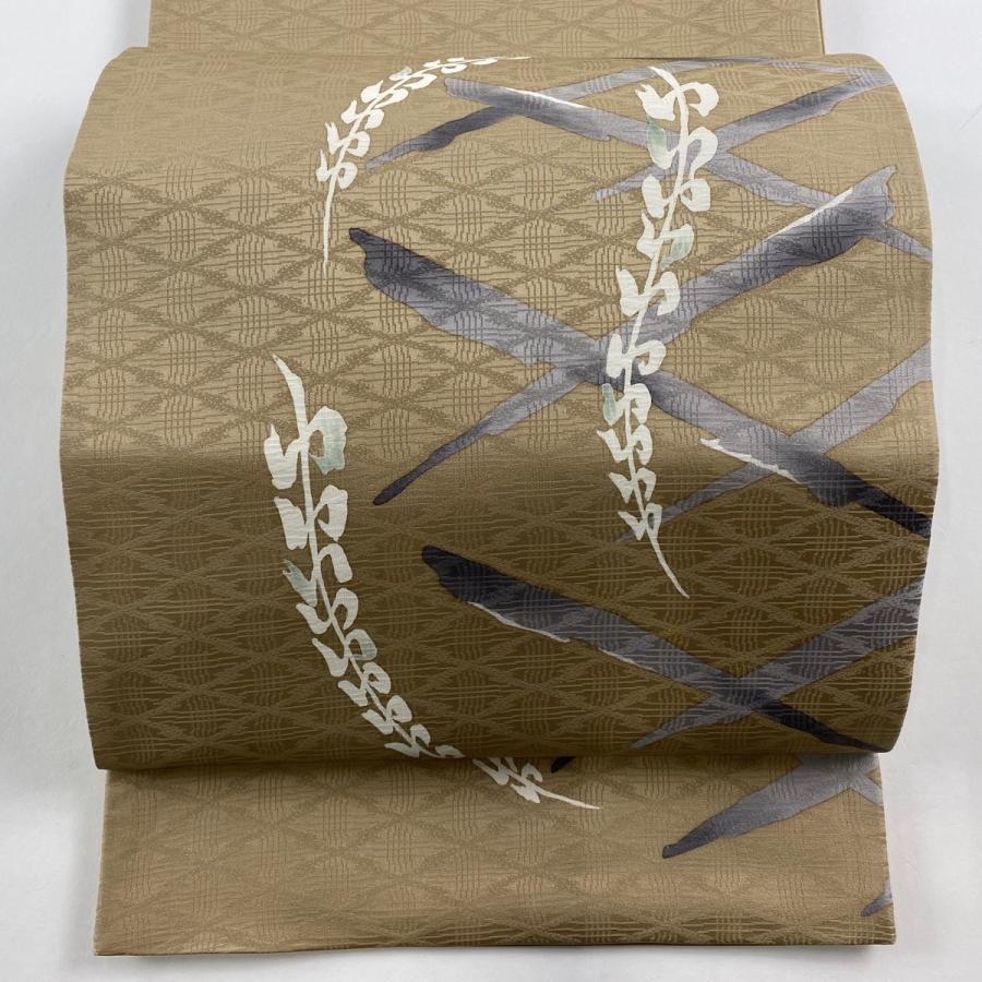 袋帯 秀品 斜め格子 地紋 薄茶色 お太鼓柄 正絹 中古 在庫一掃
