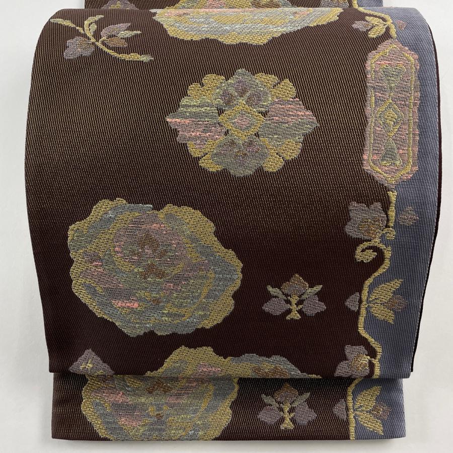 専用 P782.615.741 三点セット ●高級 正絹 六通 袋帯 華文 花文 袋帯 秀品 華文 草花 金糸 箔 茶紫 六通 正絹 中古 在庫一掃