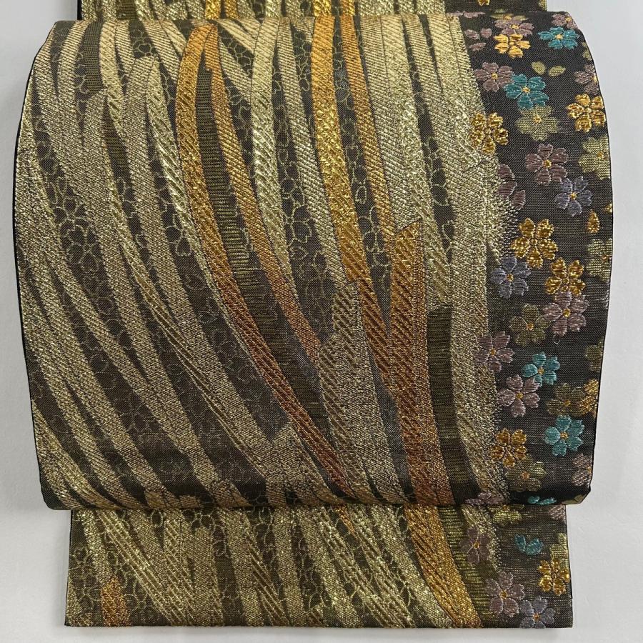 袋帯 美品 秀品 桜 幾何学 箔 金糸 金色 六通 正絹 中古 在庫一掃