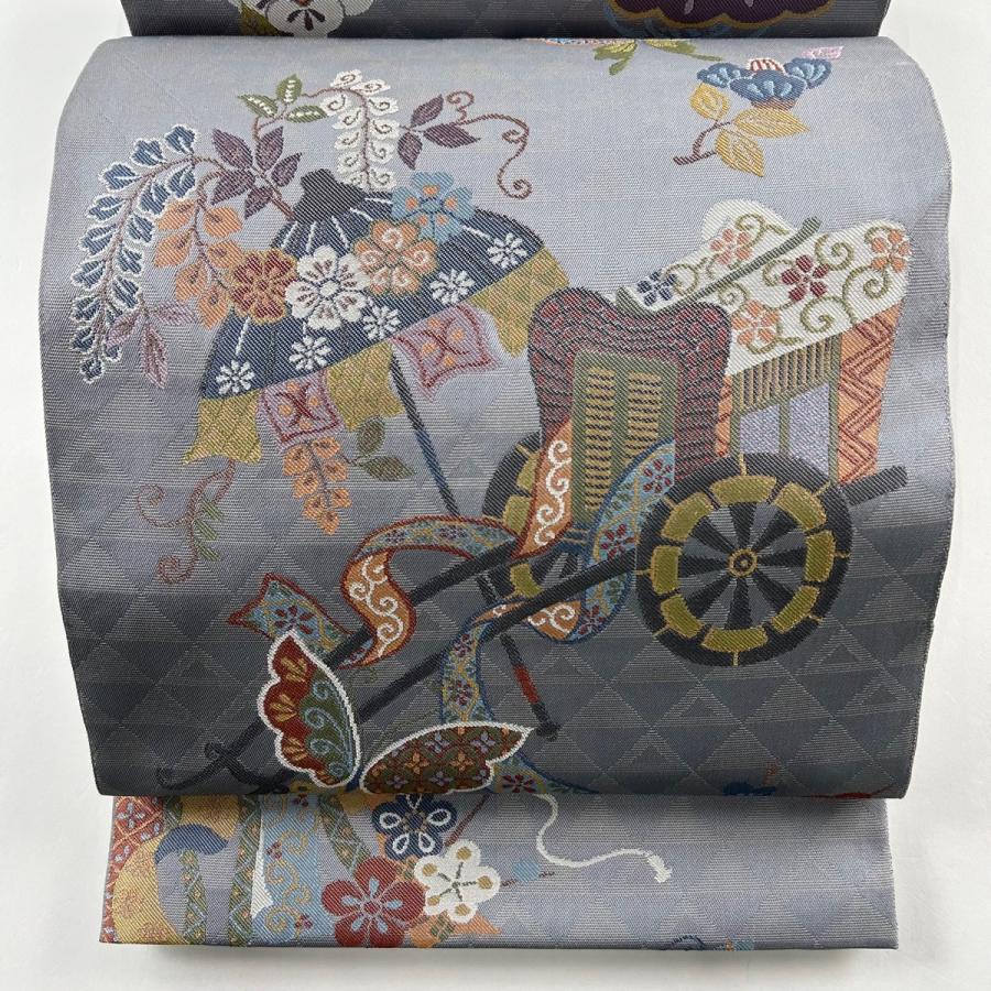 袋帯 美品 秀品 倭文錦 御所車 蝶 灰色 六通 正絹 中古 : リユース