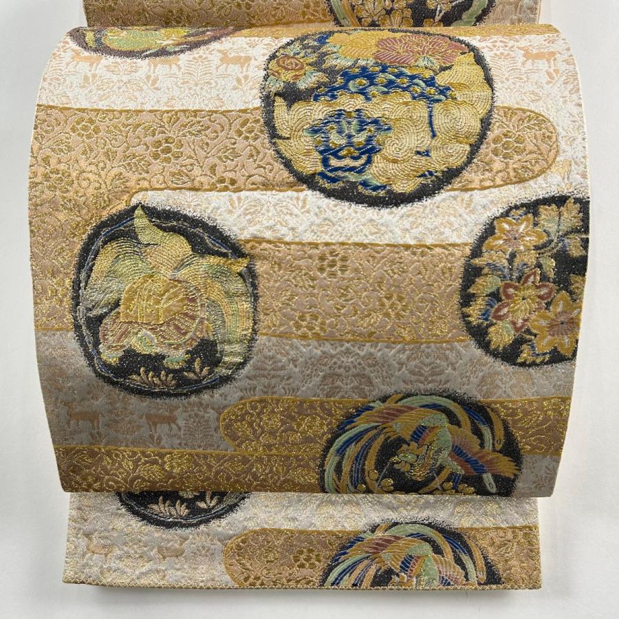 袋帯 美品 秀品 丸文 花鳥 金糸 箔 金色 六通 正絹 中古 : リユース