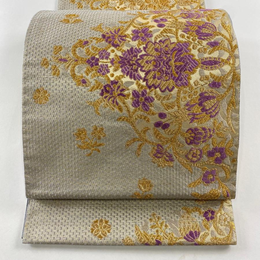 袋帯 美品 逸品 落款あり じゅらく帝王紫 花唐草 草花 刺繍 金糸 灰色