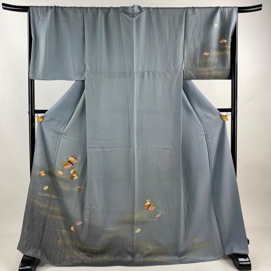 未使用 しつけ糸付 正絹 色無地 168㌢ 薄灰青 付下げ 身丈169.5cm 裄丈71cm L 袷 文つつみ 貝合わせ 刺繍 金糸 青
