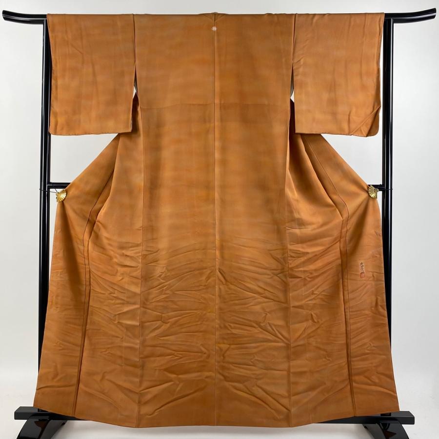 小紋 身丈161cm 裄丈64cm M 袷 本郷大田子 落款あり 霞 ぼかし 赤茶