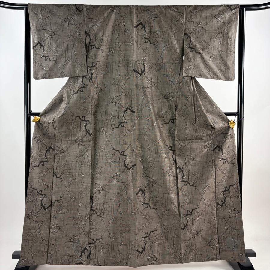 紬 身丈164cm 裄丈63.5cm S 袷 枝梅 焦茶色 正絹 秀品 中古 在庫一掃