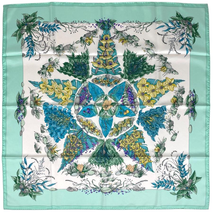 HERMES エルメス カレ 90 Pythagore ピタゴラス 花柄 スカーフ シルク