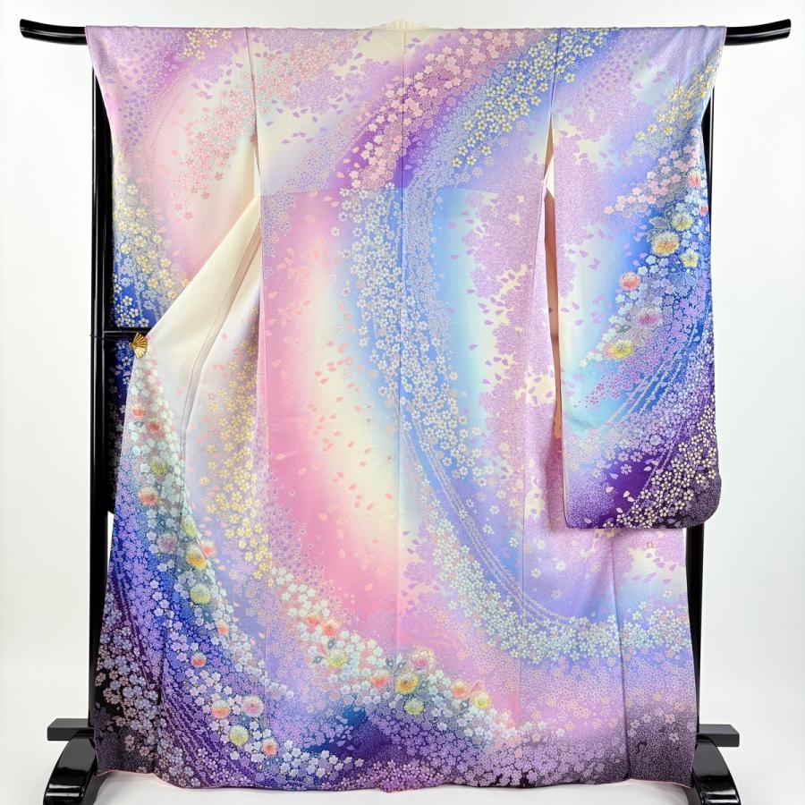 振袖 身丈168cm 裄丈70cm L 袷 袋帯フルセット 雪輪 草花 金糸 金彩 紫