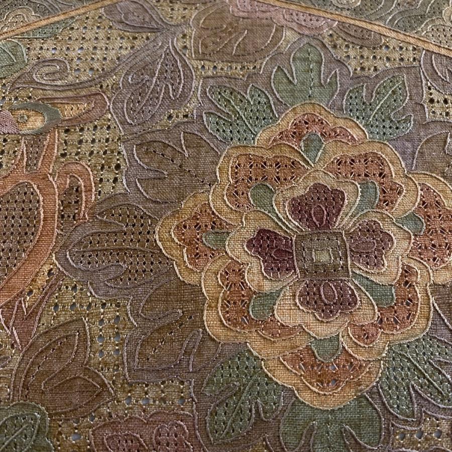 袋帯 逸品 やまと 華文 檜垣 箔 刺繍 灰緑 お太鼓柄 正絹 中古