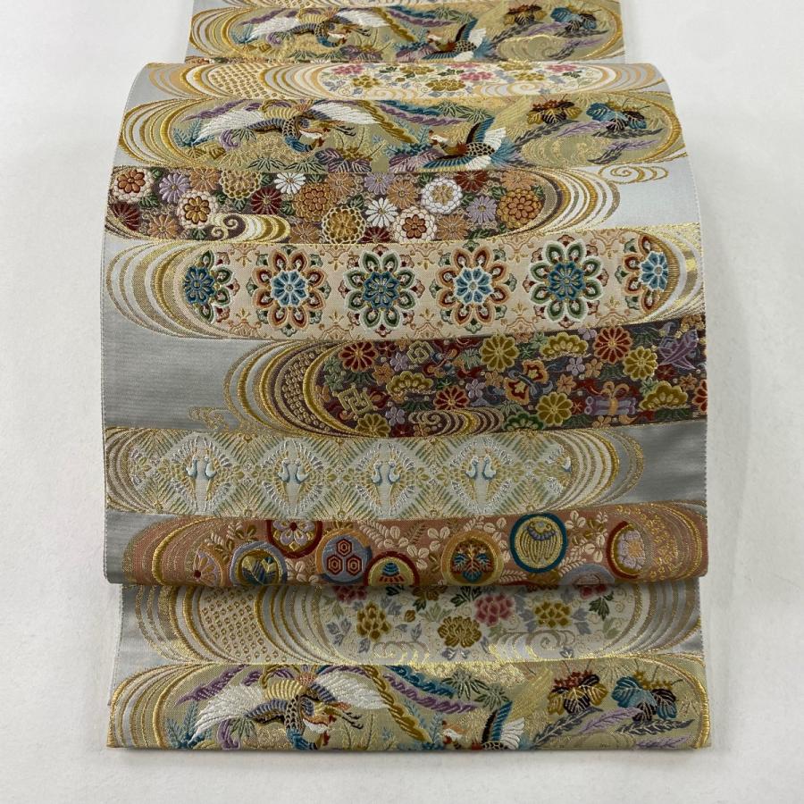 袋帯 美品 秀品 花鳥 七宝 箔 金銀糸 薄緑 六通 正絹 中古 : リユース