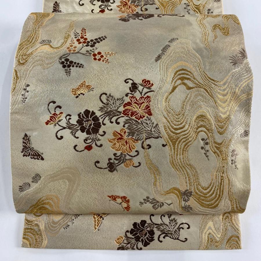 袋帯 秀品 加納幸 落款あり 草花 蝶 金糸 箔 ベージュ 六通 正絹 中古