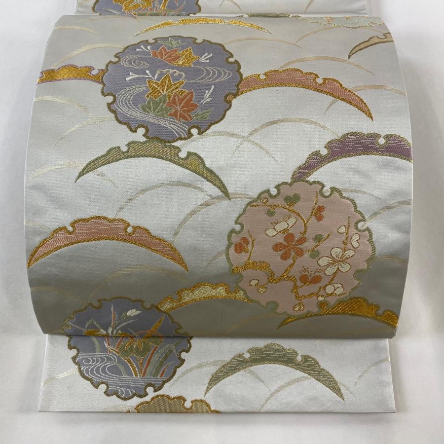 ⑥⑥⑤ 夏帯 雪輪　しば草 六通 袋帯 正絹 金糸 袋帯 秀品 雪輪 雪芝 金糸 箔 灰緑 六通 正絹 中古 在庫一掃