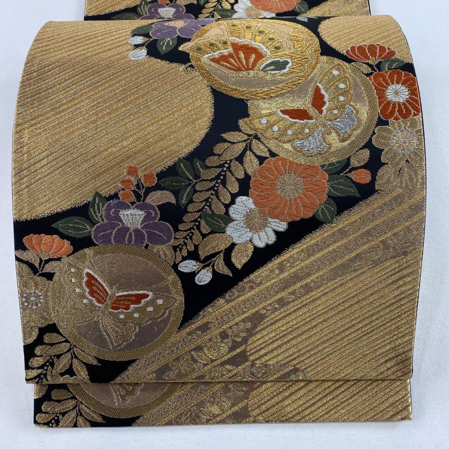 袋帯 美品 秀品 鈴乃屋 蝶 斜縞 唐織 金銀糸 金色 六通 正絹 中古