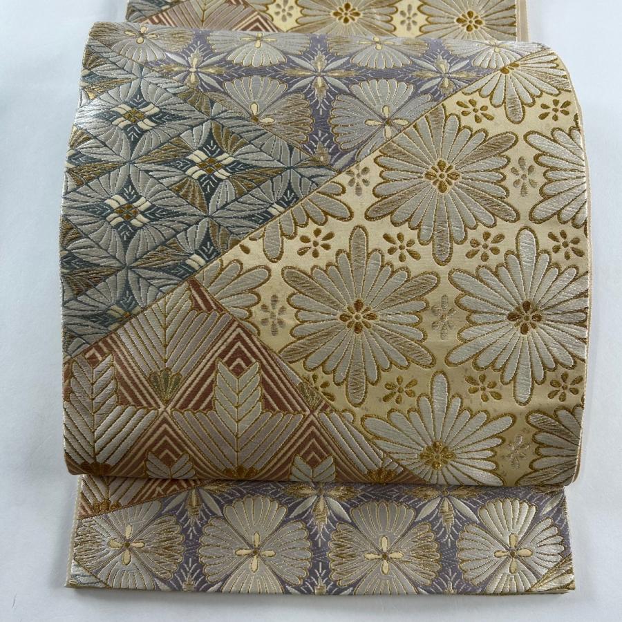 ⑥④①七宝 夏帯 正絹 唐織 金糸 六通 袋帯 未使用品 袋帯 美品 名品 落款あり 若松 菊 金糸 唐織 金色 六通 正絹 中古