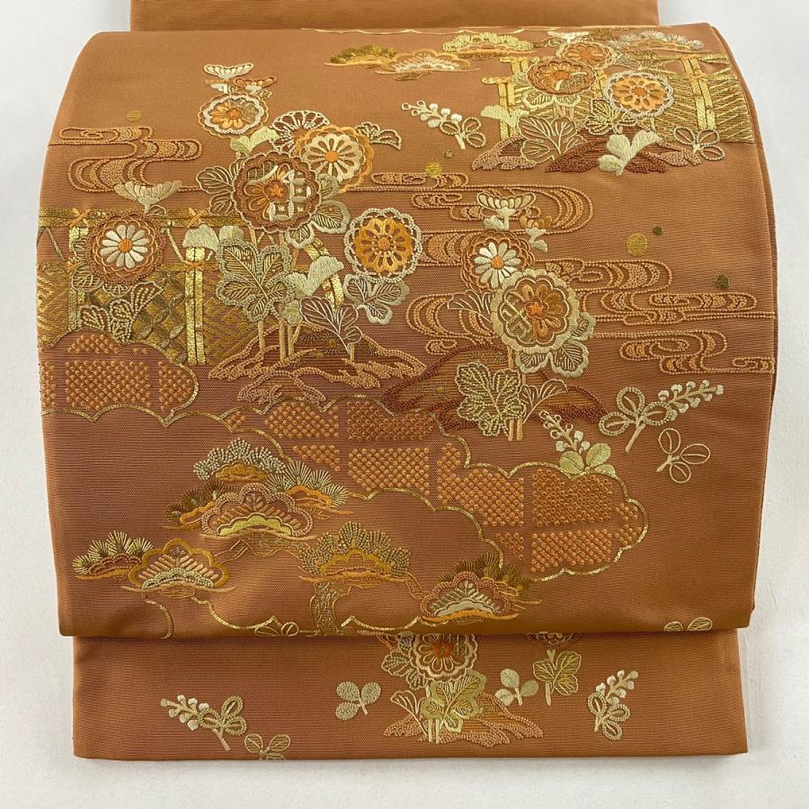 袋帯 名品 紬地 菊 笠松 刺繍 金糸 赤茶 お太鼓柄 正絹 中古 在庫一掃