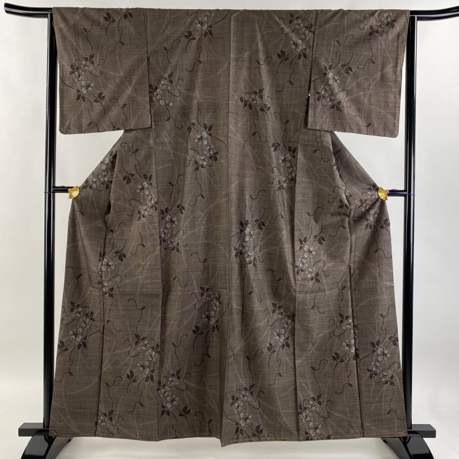 紬 身丈161cm 裄丈64.5cm M 袷 草花 焦茶色 正絹 美品 秀品 中古