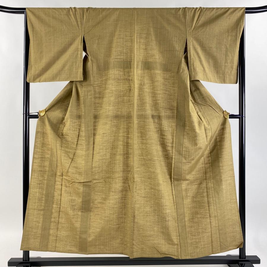 紬 身丈155.5cm 裄丈66.5cm M 単衣 鈴乃屋 縦縞模様 薄茶色 正絹 秀品
