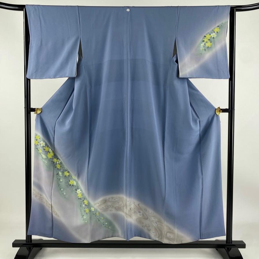訪問着 身丈153cm 裄丈63.5cm S 袷 草花 流水 ぼかし 青灰色 正絹 秀品