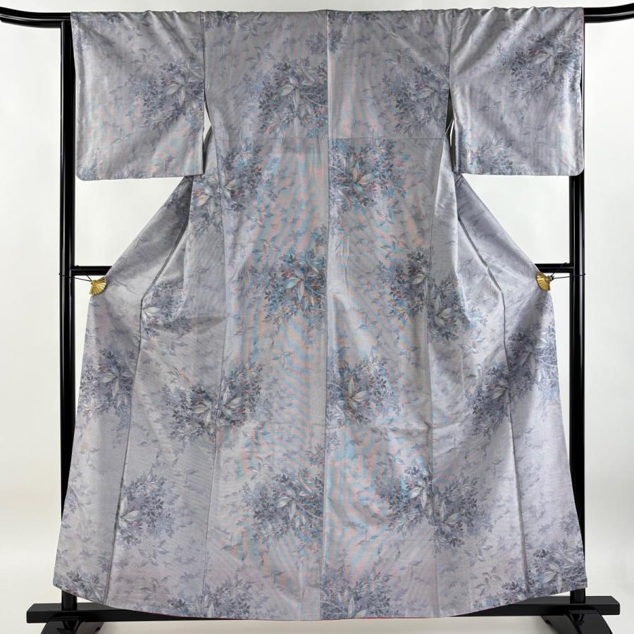 大島紬 身丈160cm 裄丈66.5cm M 袷 都喜ヱ門 証紙あり 草花 灰紫 正絹