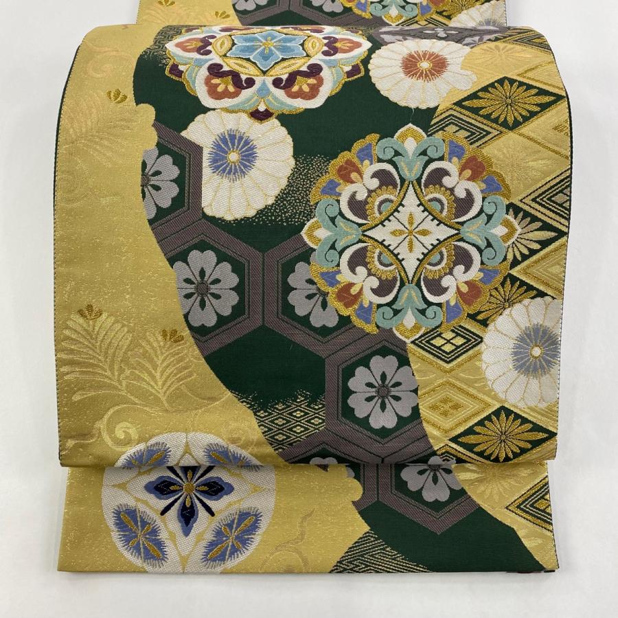 袋帯 美品 名品 大雪輪取華文 金糸 箔 深緑 六通 正絹 中古 在庫一掃