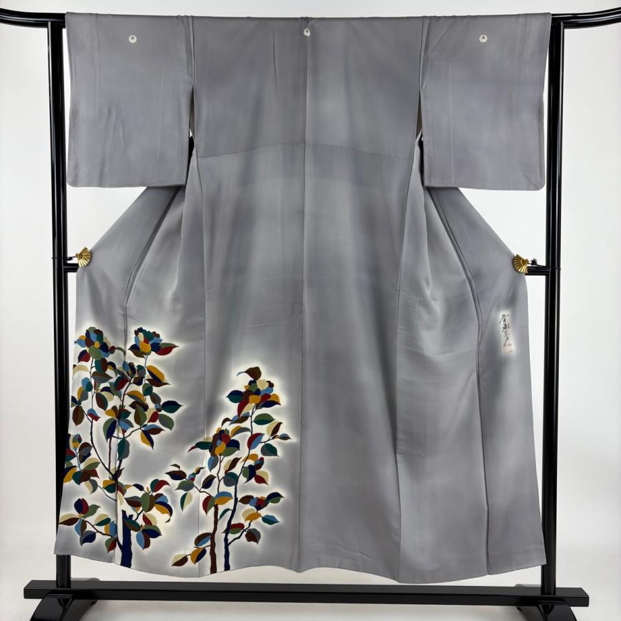 色留袖 身丈151cm 裄丈63cm S 袷 斉藤三才 落款あり 草花 ぼかし 灰紫