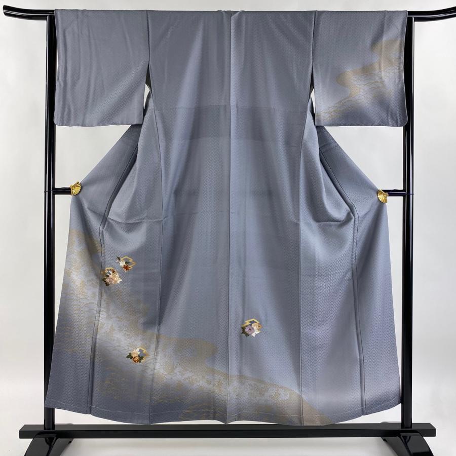 訪問着 身丈153.5cm 裄丈64cm M 袷 牡丹 松皮菱 刺繍 金糸 灰色 正絹