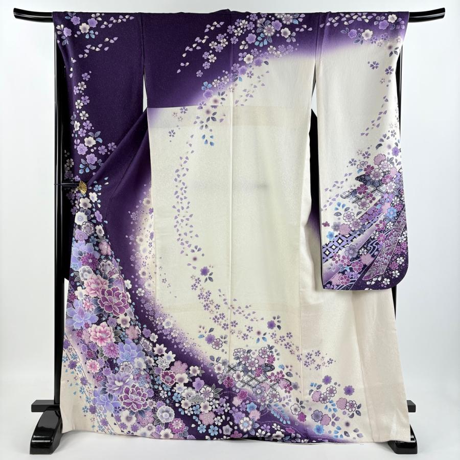 振袖　紫系　濃い紫　桜　 鞠　 熨斗柄 銀通し　正絹 振袖 紫系 濃い紫 桜 鞠 熨斗柄 銀通し 正絹