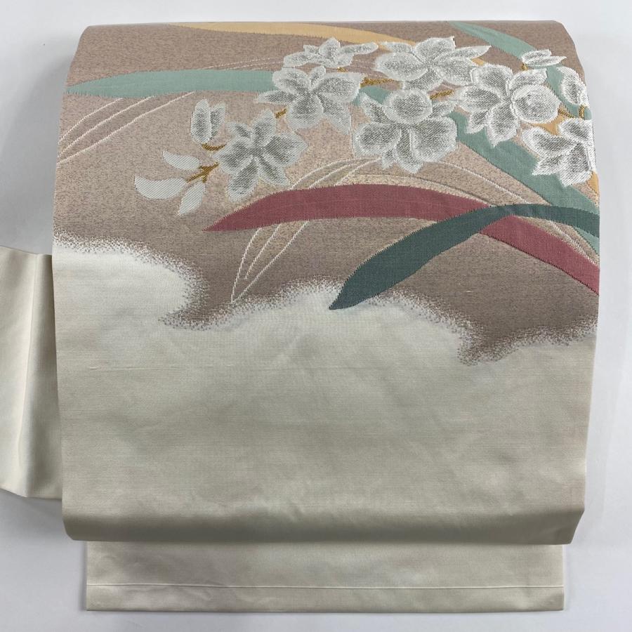 名古屋帯 美品 優品 関西仕立て 草花 金銀糸 箔 灰白 正絹 中古