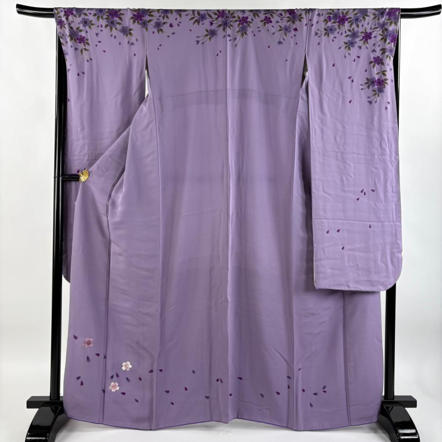 振袖 身丈163cm 裄丈68cm L 袷 桜 花びら 刺繍 薄紫 正絹 名品 中古