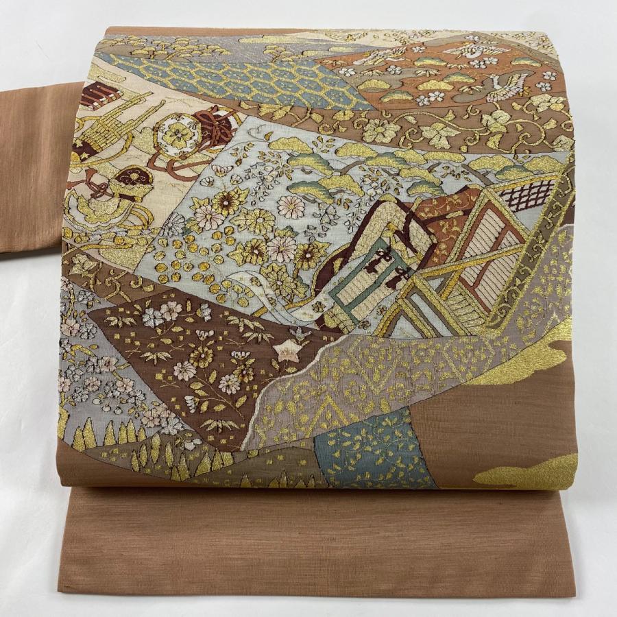 名古屋帯 名品 御所車 松竹梅 金銀糸 箔 茶色 正絹 中古 在庫一掃